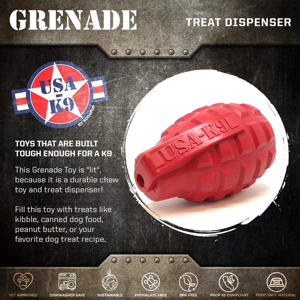 USA-K9 Grenade Shaped eDispenser Durable Dog Chew Toy & Treat Dispenser