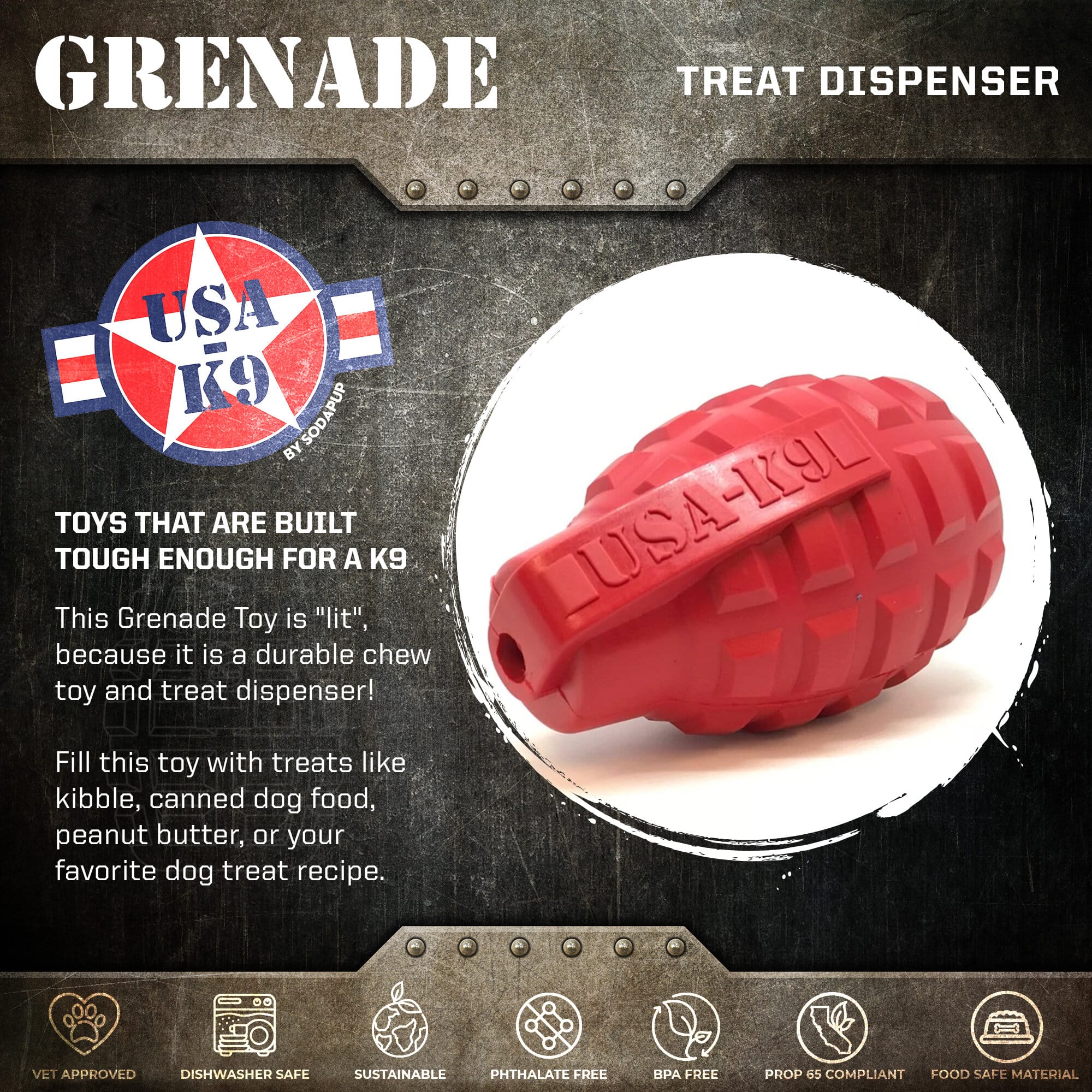 USA-K9 Grenade Rubber Dog Chew Toy | K9 Handler eDispenser Toy