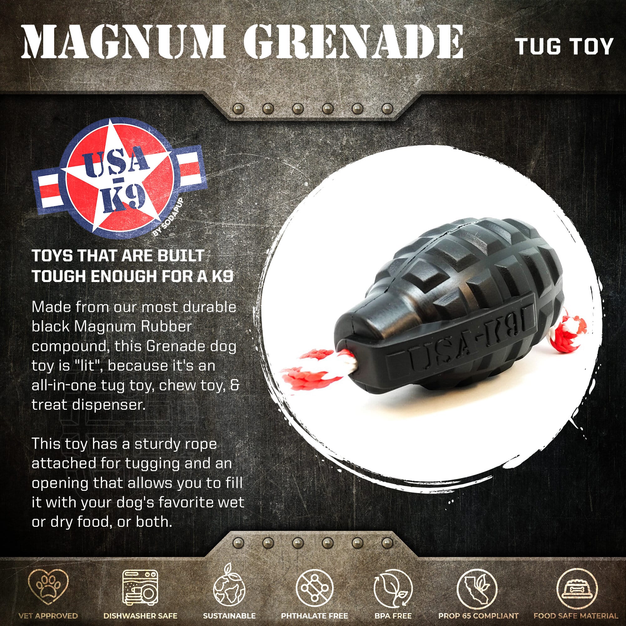USA-K9 Magnum Grenade - Black Magnum Rubber Chew Toy for Extreme Chewers