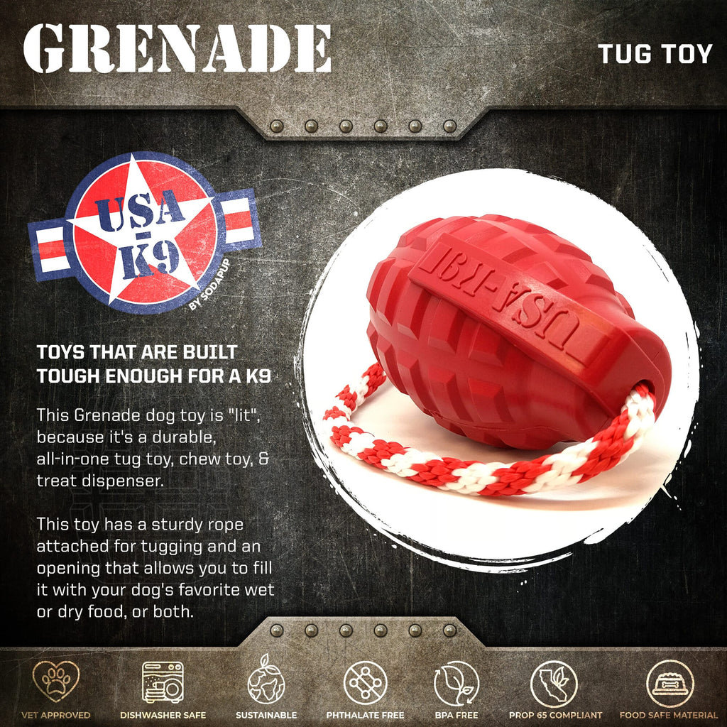 USA-K9 Grenade Shaped Rubber Dog Toy - Chew, Treat Dispenser & Tug Toy