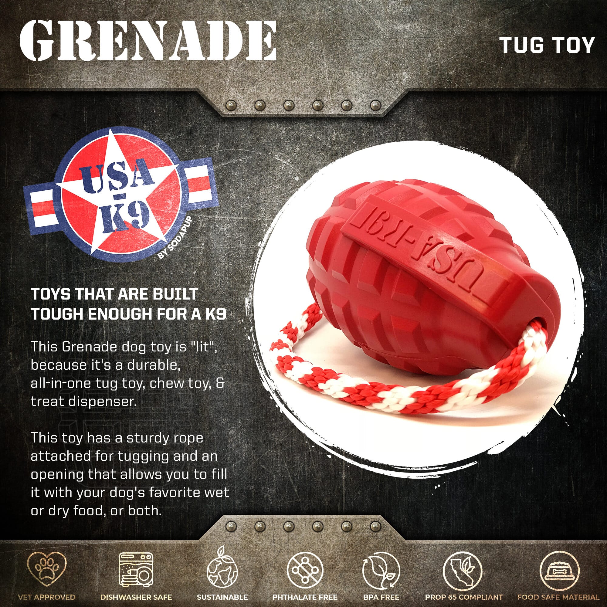 USA-K9 Grenade Rubber Dog Chew Toy | K9 Handler Reward Toy