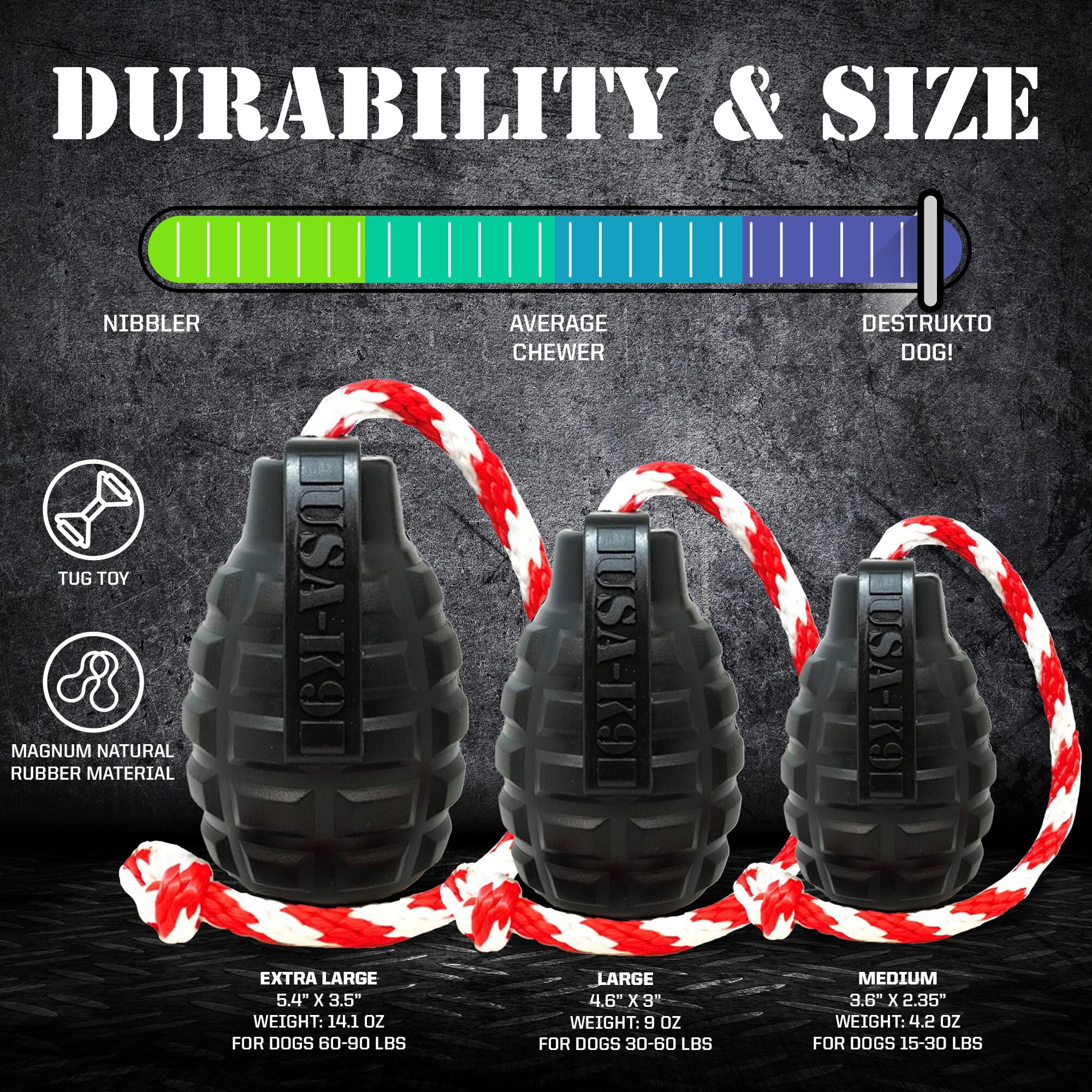 USA-K9 Magnum Grenade - Black Magnum Rubber Chew Toy for Extreme Chewers