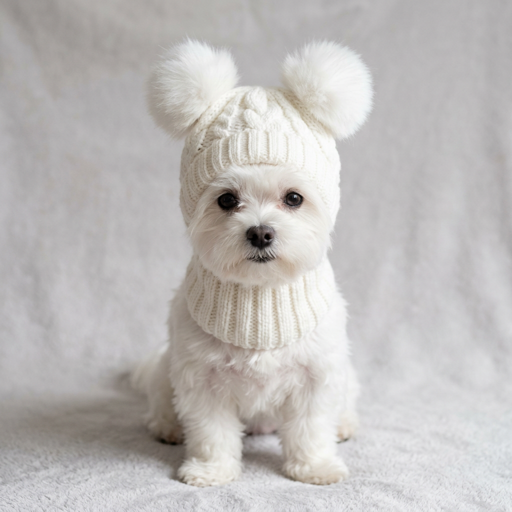 Small white dog wearing a white knitted winter hat with two fluffy pom-poms