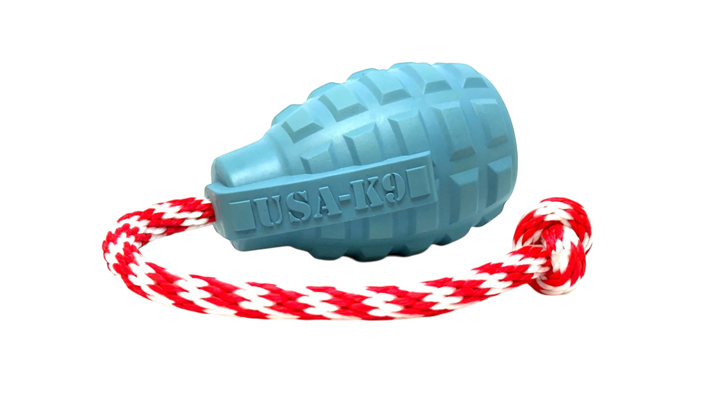 USA-K9 Grenade Shaped Rubber Dog Toy - Chew, Treat Dispenser & Tug Toy